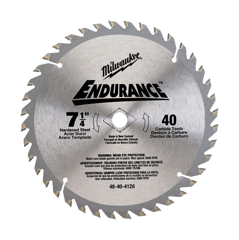 Milwaukee Electric Tool Corp, Milwaukee  Endurance  7-1/4  Carbide  Circular Saw Blade  0.07 in. thick  40 teeth 5/8  1 pc.