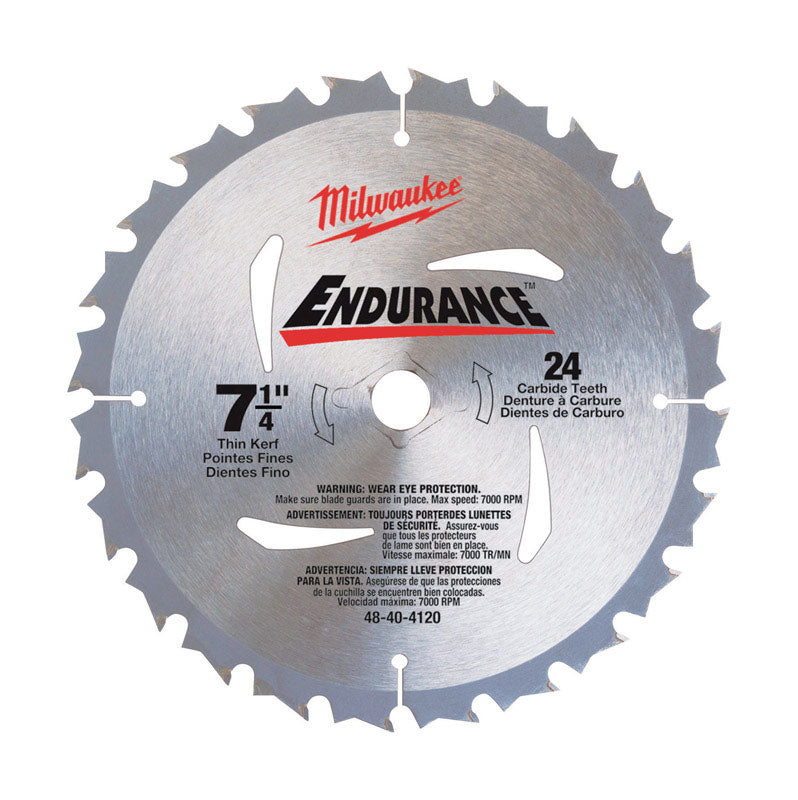 Milwaukee Electric Tool Corp, Milwaukee  Endurance  7-1/4  Carbide  Circular Saw Blade  0.07 in. thick  5/8  24 teeth 1 pc.